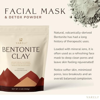 YARELI Pure Bentonite Clay Powder – 2lb (32oz) Natural Indian Healing Clay for Face Mask & Detox Bath