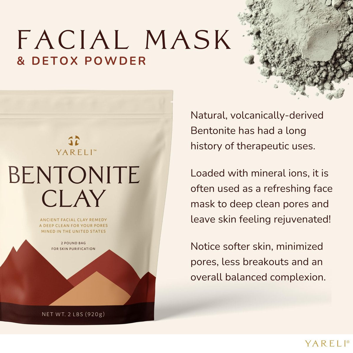 YARELI Pure Bentonite Clay Powder – 2lb (32oz) Natural Indian Healing Clay for Face Mask & Detox Bath - görsel 5