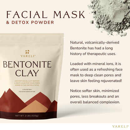 YARELI Pure Bentonite Clay Powder – 2lb (32oz) Natural Indian Healing Clay for Face Mask & Detox Bath