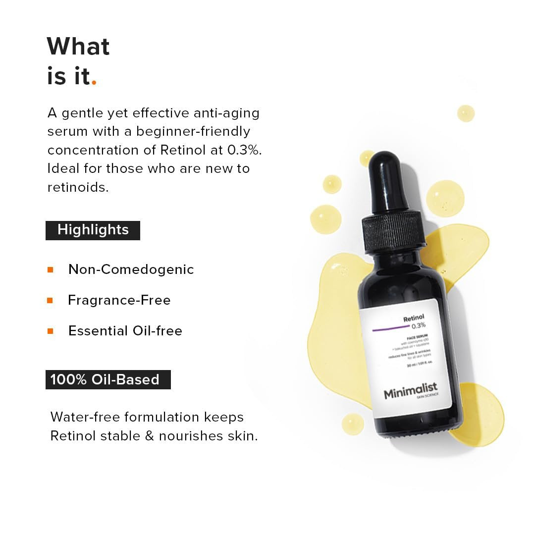 Minimalist 0.3% Retinol Serum with Bakuchiol Oil – Anti-Aging Night Face Serum with Squalane & Coenzyme Q10 for Fine Lines & Wrinkles, 1 Fl Oz Avelisse