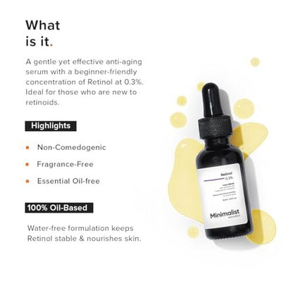 Minimalist 0.3% Retinol Serum with Bakuchiol Oil – Anti-Aging Night Face Serum with Squalane & Coenzyme Q10 for Fine Lines & Wrinkles, 1 Fl Oz Avelisse