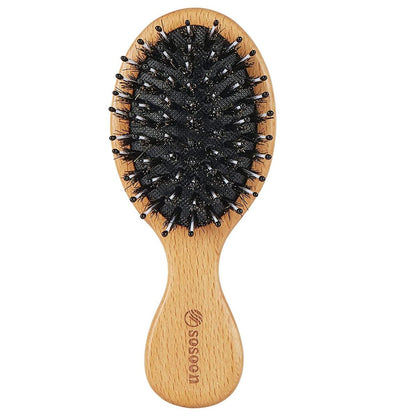 Sosoon Pocket Mini Travel Boar Bristle Hairbrush – Smoothing, Detangling & Shine for All Hair Types (Brown)