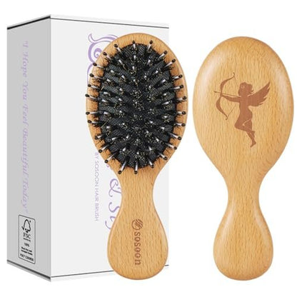 Sosoon Pocket Mini Travel Boar Bristle Hairbrush – Smoothing, Detangling & Shine for All Hair Types (Brown)