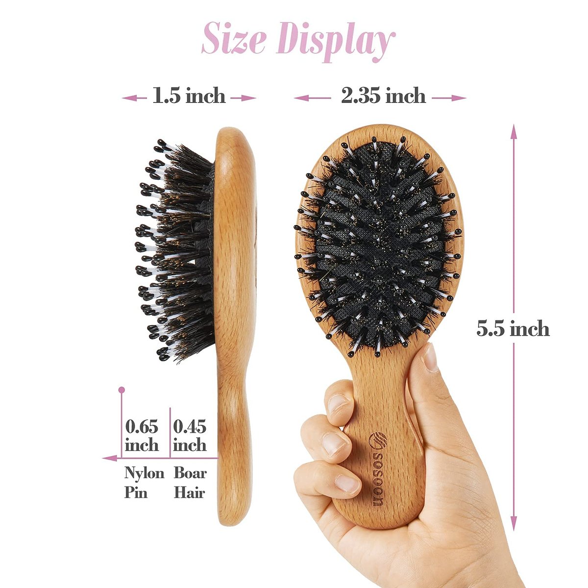 Sosoon Pocket Mini Travel Boar Bristle Hairbrush – Smoothing, Detangling & Shine for All Hair Types (Brown) - görsel 14