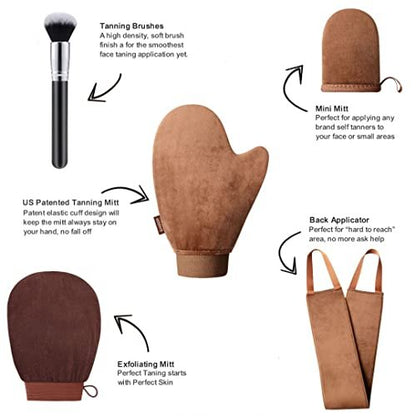 Sanfery 5-Piece Self Tanning Mitt Kit with Back Applicator, Brush, Exfoliating Mitt & Accessories for Flawless Tan