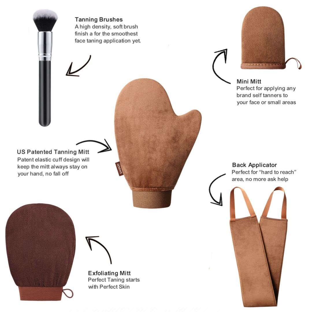 Sanfery 5-Piece Self Tanning Mitt Kit with Back Applicator, Brush, Exfoliating Mitt & Accessories for Flawless Tan - görsel 3