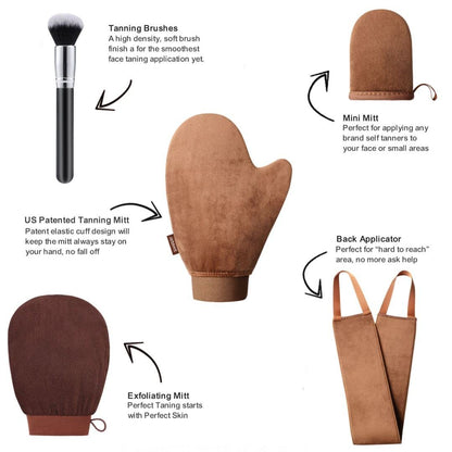 Sanfery 5-Piece Self Tanning Mitt Kit with Back Applicator, Brush, Exfoliating Mitt & Accessories for Flawless Tan