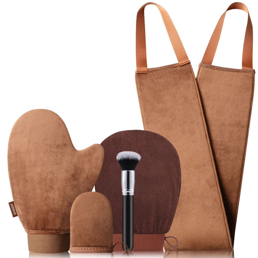 Sanfery 5-Piece Self Tanning Mitt Kit with Back Applicator, Brush, Exfoliating Mitt & Accessories for Flawless Tan - görsel 1