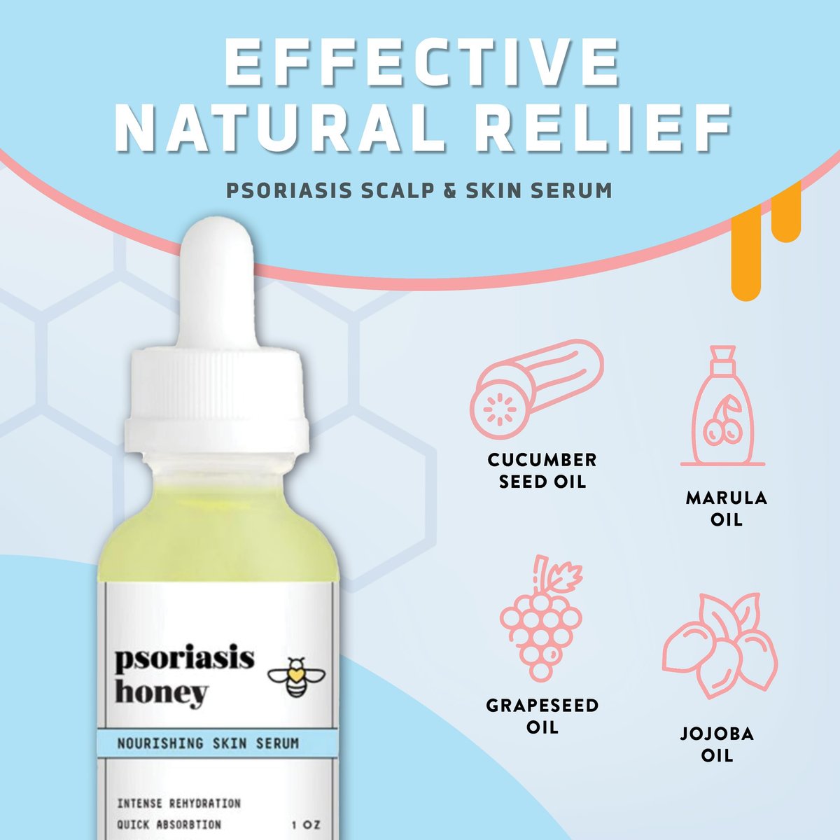 Psoriasis Honey Nourishing Scalp & Skin Serum - Dry Oil for Skin - Full Body Non Comedogenic Moisturizer Daily Dry Scalp Oil - Helps Psoriasis, Eczema, & More (1 Oz) Avelisse