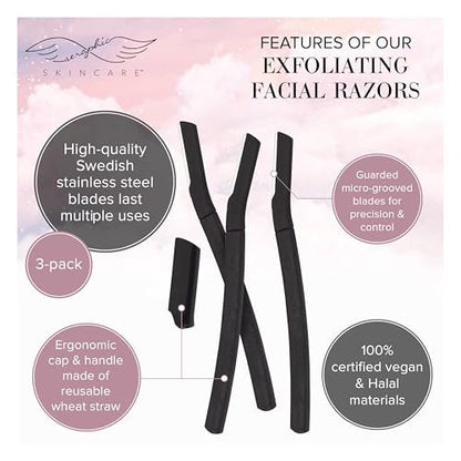 Seraphic Skincare Exfoliating Facial Razors – Dermaplane Razor for Women, Peach Fuzz Remover, 3 Pack with Wheat Straw Handle & Swedish Stainless Steel Blade