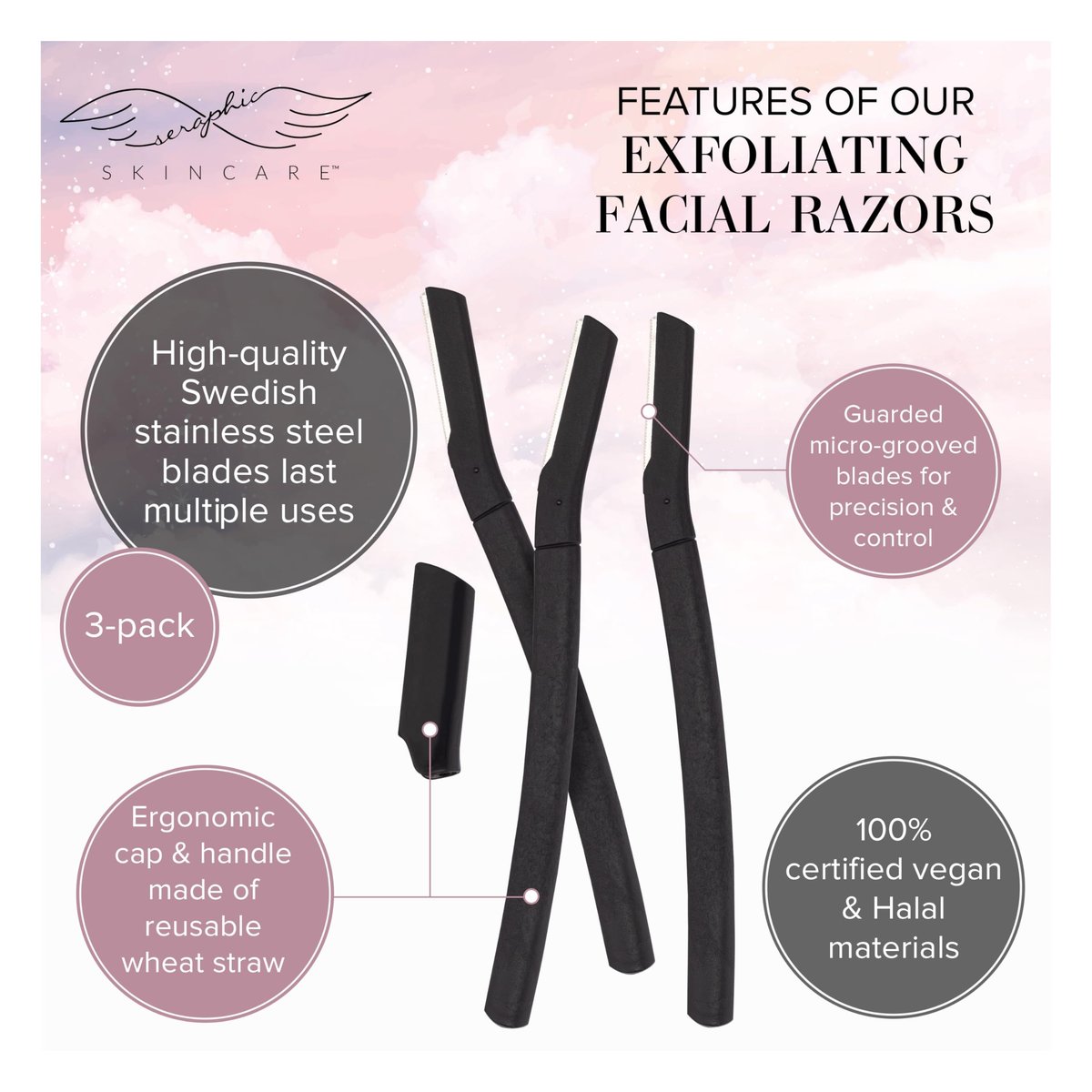 Seraphic Skincare Exfoliating Facial Razors – Dermaplane Razor for Women, Peach Fuzz Remover, 3 Pack with Wheat Straw Handle & Swedish Stainless Steel Blade - görsel 5