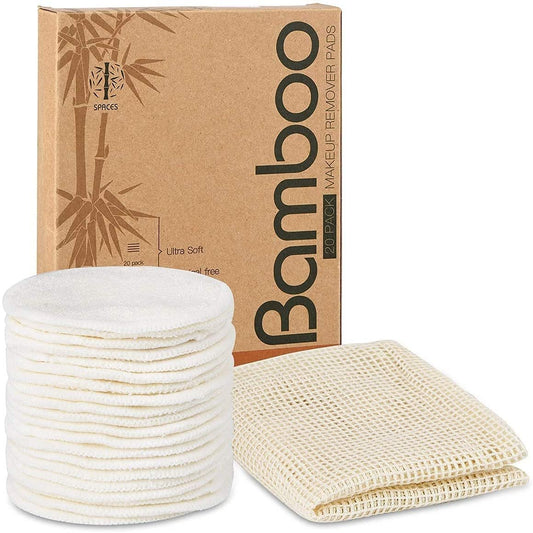 20 Pack Organic Reusable Makeup Remover Pads – Washable Bamboo Cotton Rounds with Laundry Bag for All Skin Types
