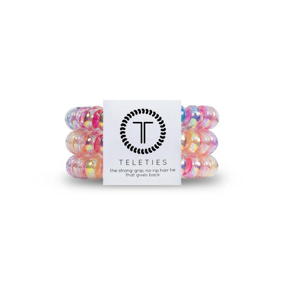 TELETIES Spiral Hair Coils - Strong Grip, No Rip, No Crease Ponytail Holders for Women - BPA-Free TPU Phone Cord Hair Ties - 3 Pack Large (Eat Glitter for Breakfast)