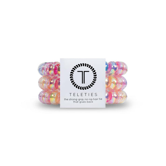 TELETIES Spiral Hair Coils - Strong Grip, No Rip, No Crease Ponytail Holders for Women - BPA-Free TPU Phone Cord Hair Ties - 3 Pack Large (Eat Glitter for Breakfast)
