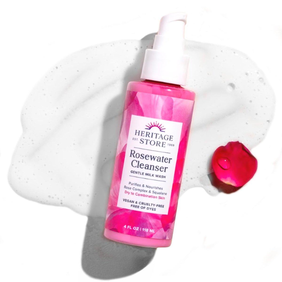 HERITAGE STORE Rosewater Facial Cleanser - Milk Face Wash with Squalane & Rose Complex for Dry to Combination Skin, pH Balanced, Vegan, 4 oz Avelisse