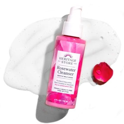 HERITAGE STORE Rosewater Facial Cleanser - Milk Face Wash with Squalane & Rose Complex for Dry to Combination Skin, pH Balanced, Vegan, 4 oz Avelisse