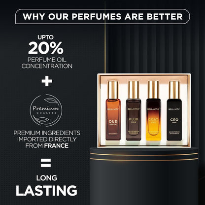Bellavita Luxury Men's Perfume Gift Set: CEO Man, G.O.A.T., Klub, and Oud | 80ml Long-Lasting Fragrance Collection Avelisse