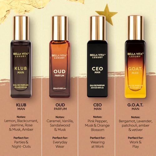 Bellavita Luxury Men's Perfume Gift Set: CEO Man, G.O.A.T., Klub, and Oud | 80ml Long-Lasting Fragrance Collection Avelisse