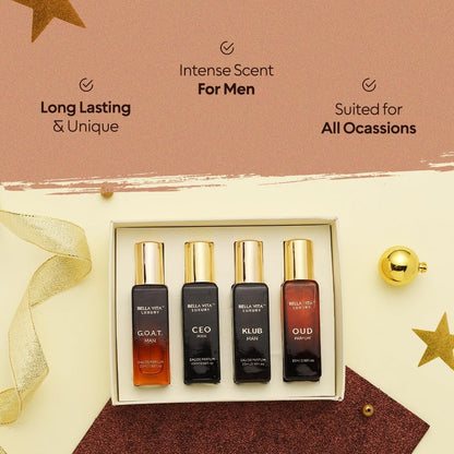 Bellavita Luxury Men's Perfume Gift Set: CEO Man, G.O.A.T., Klub, and Oud | 80ml Long-Lasting Fragrance Collection Avelisse