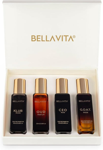 Bellavita Luxury Men's Perfume Gift Set: CEO Man, G.O.A.T., Klub, and Oud | 80ml Long-Lasting Fragrance Collection Avelisse