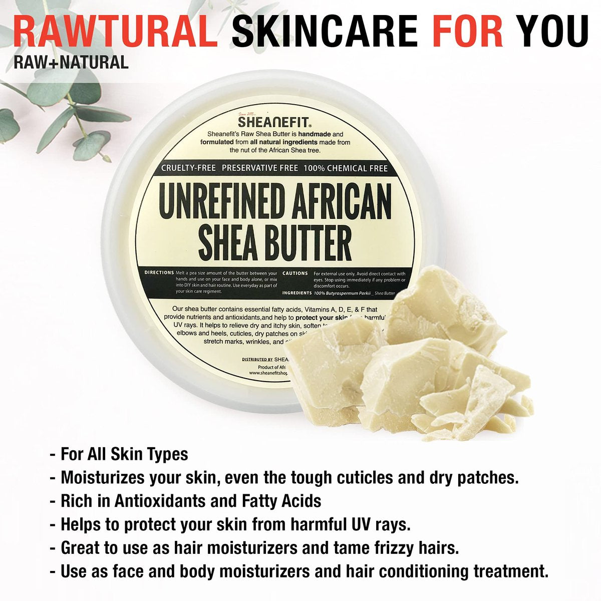 Sheanefit Raw Unrefined African Shea Butter - Natural Body Butter, Soft & Smooth Daily Moisturizer for Face & Body, Ivory, 16 oz Avelisse