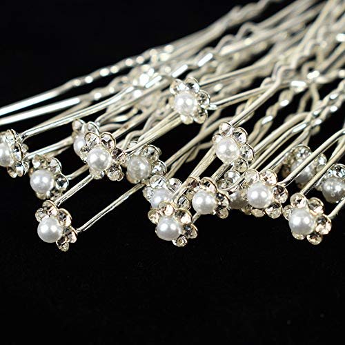 AKOAK 40 Pcs Crystal Pearl Flower Bridal Hair Pins - Elegant Silver U-Pins for Wedding & Bridesmaid Hair Jewelry - görsel 3