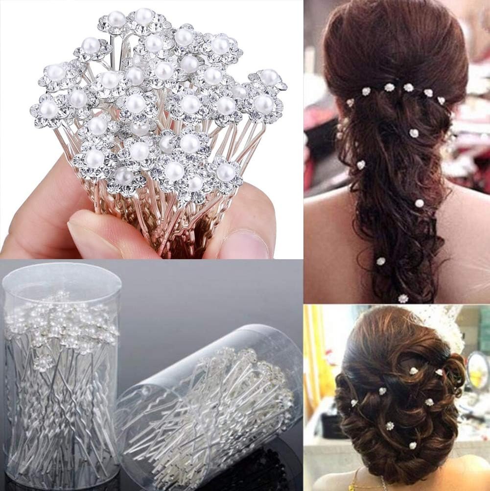 AKOAK 40 Pcs Crystal Pearl Flower Bridal Hair Pins - Elegant Silver U-Pins for Wedding & Bridesmaid Hair Jewelry - görsel 12