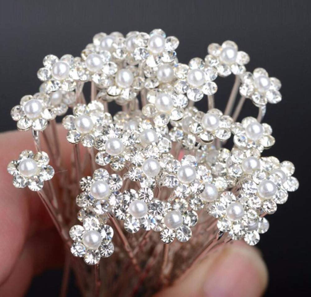 AKOAK 40 Pcs Crystal Pearl Flower Bridal Hair Pins - Elegant Silver U-Pins for Wedding & Bridesmaid Hair Jewelry - görsel 2