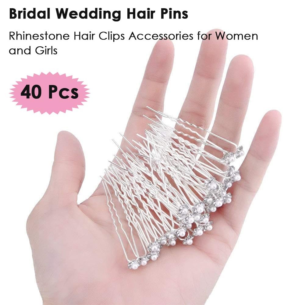 AKOAK 40 Pcs Crystal Pearl Flower Bridal Hair Pins - Elegant Silver U-Pins for Wedding & Bridesmaid Hair Jewelry - görsel 8