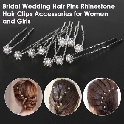 AKOAK 40 Pcs Crystal Pearl Flower Bridal Hair Pins - Elegant Silver U-Pins for Wedding & Bridesmaid Hair Jewelry