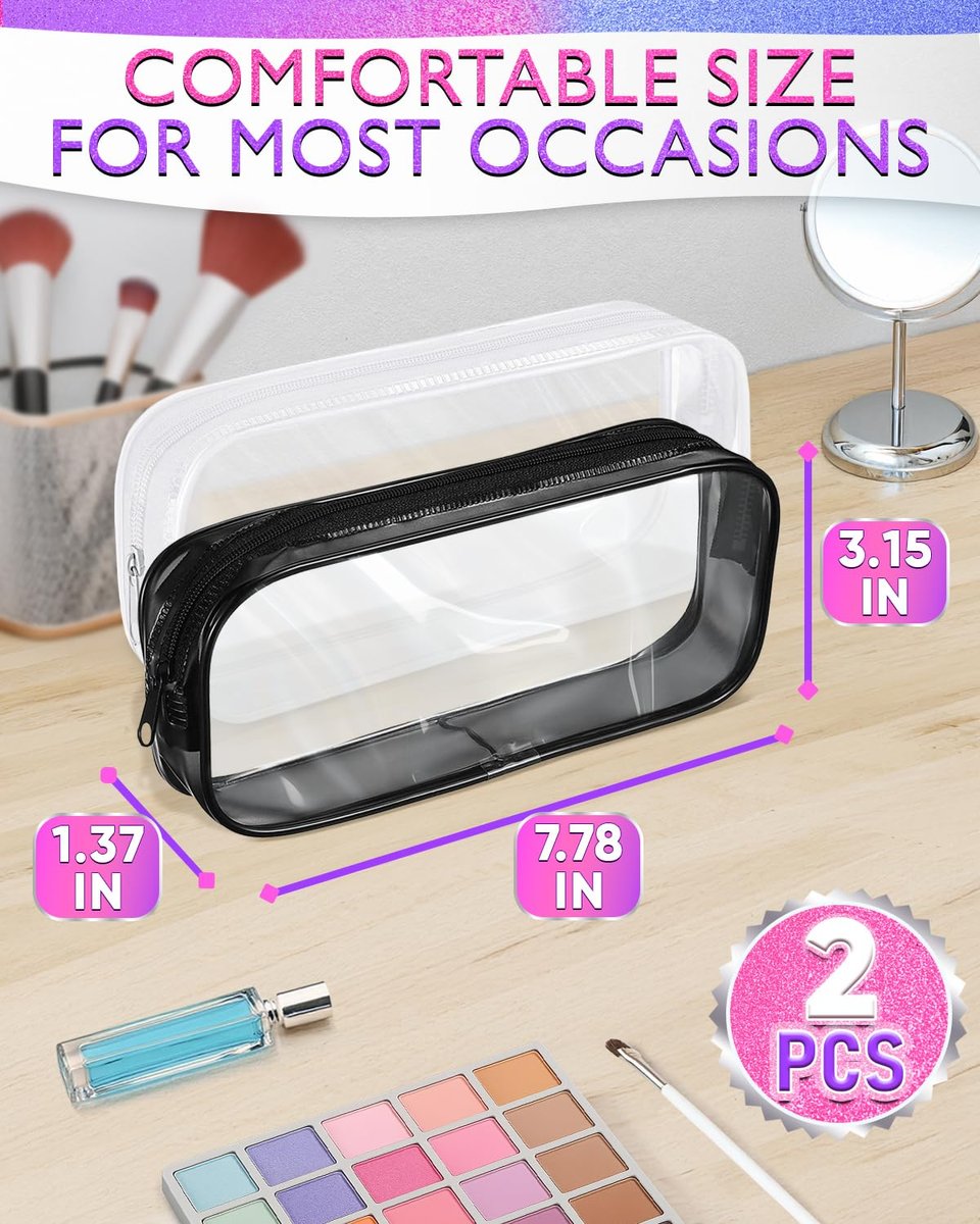 Clear Small Makeup Bags for Purse – 2 Pack Waterproof Cosmetic Pouches, 7.78" x 3.15" x 1.37" - görsel 3