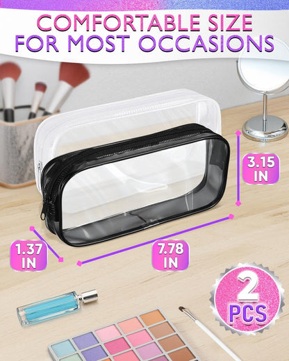 Clear Small Makeup Bags for Purse – 2 Pack Waterproof Cosmetic Pouches, 7.78" x 3.15" x 1.37"