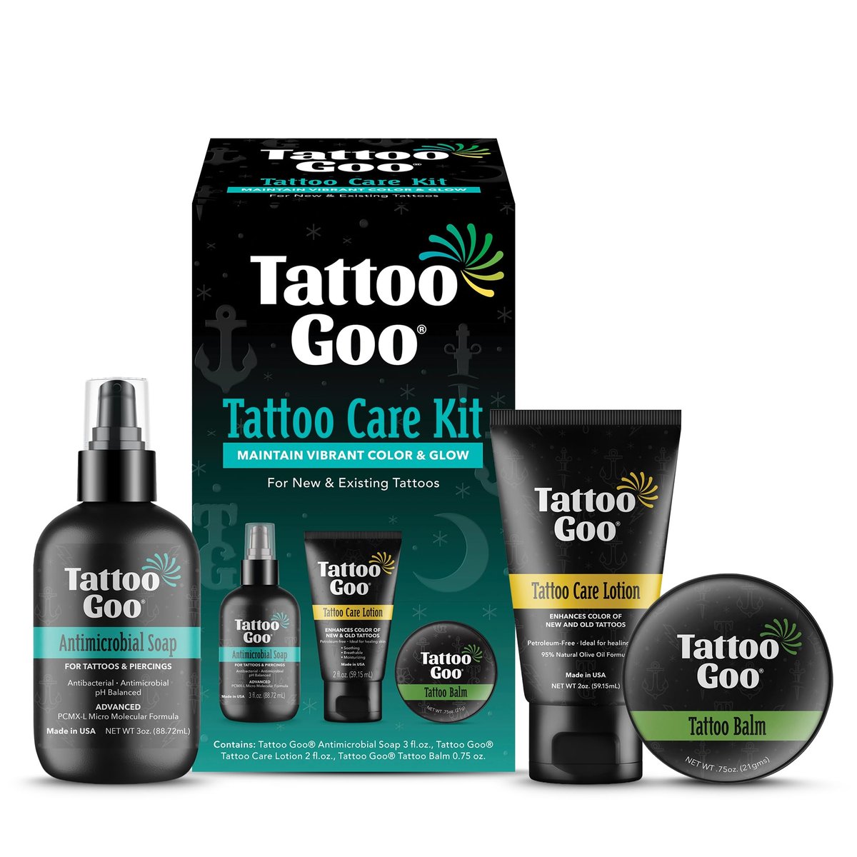 Tattoo Goo Tattoo Aftercare Kit – Complete 3-Piece Set with Antimicrobial Soap, Tattoo Balm & Healing Lotion for Fresh Ink, Ongoing Maintenance & Piercing Care Avelisse