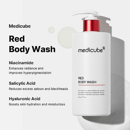 Medicube Red Body Wash - Low pH Hydrating Cleanser with Salicylic Acid, Lactic Acid, Niacinamide & Hyaluronic Acid for Bacne Treatment, 14.1 Fl Oz