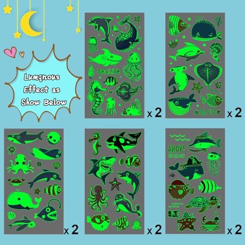 Partywind 130 Styles Luminous Shark Temporary Tattoos for Kids - Glow in the Dark Ocean Under Sea Fake Tattoo Stickers (10 Sheets) - görsel 6