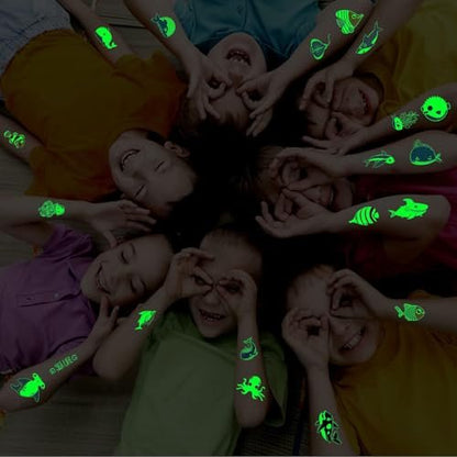 Partywind 130 Styles Luminous Shark Temporary Tattoos for Kids - Glow in the Dark Ocean Under Sea Fake Tattoo Stickers (10 Sheets)