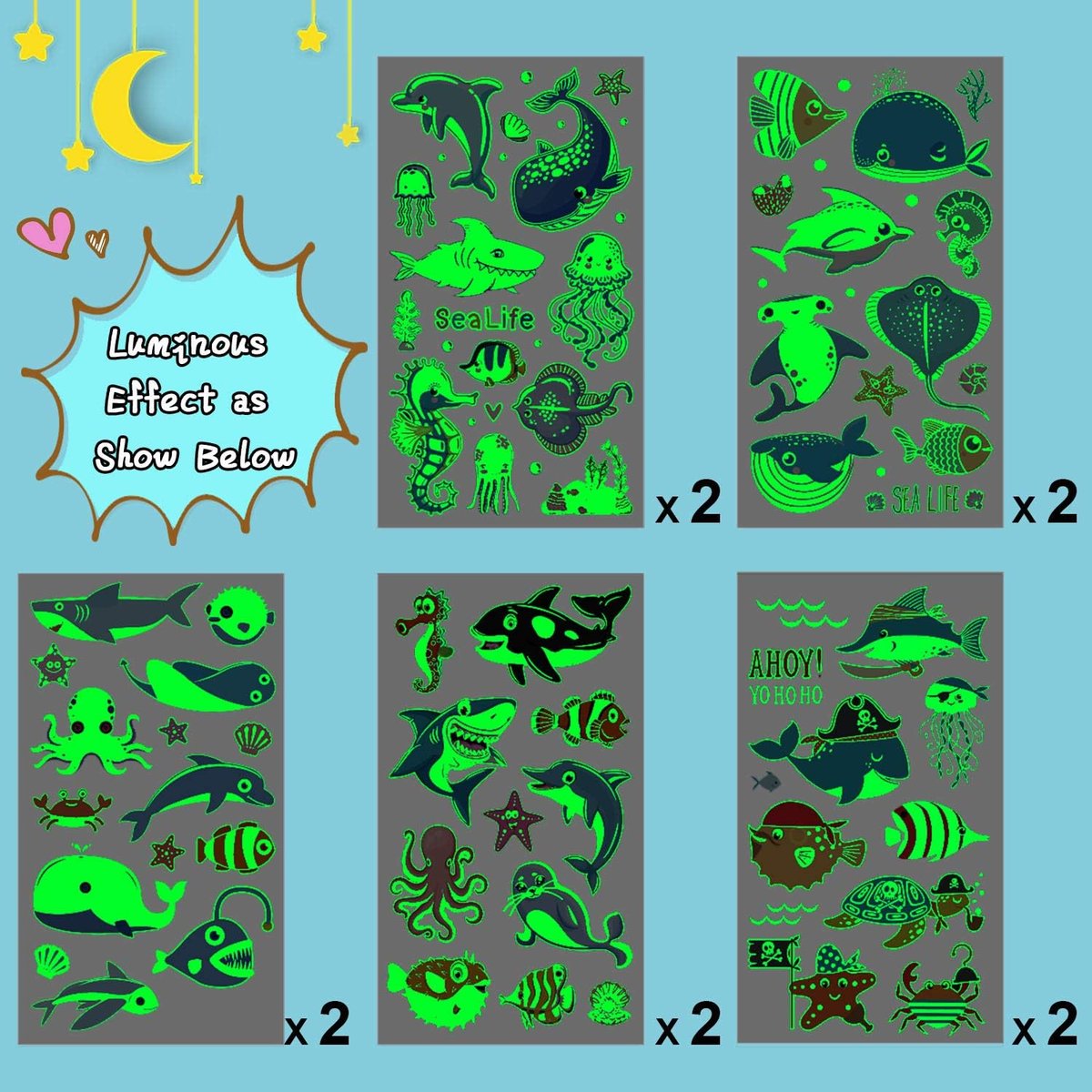 Partywind 130 Styles Luminous Shark Temporary Tattoos for Kids - Glow in the Dark Ocean Under Sea Fake Tattoo Stickers (10 Sheets) - görsel 5