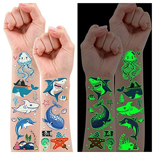 Partywind 130 Styles Luminous Shark Temporary Tattoos for Kids - Glow in the Dark Ocean Under Sea Fake Tattoo Stickers (10 Sheets) - görsel 2
