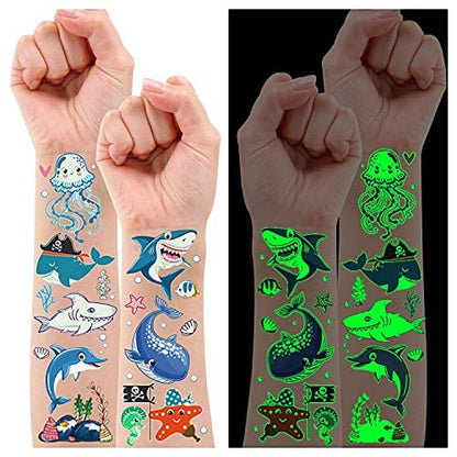 Partywind 130 Styles Luminous Shark Temporary Tattoos for Kids - Glow in the Dark Ocean Under Sea Fake Tattoo Stickers (10 Sheets)