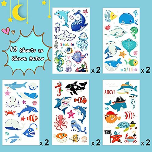 Partywind 130 Styles Luminous Shark Temporary Tattoos for Kids - Glow in the Dark Ocean Under Sea Fake Tattoo Stickers (10 Sheets) - görsel 4