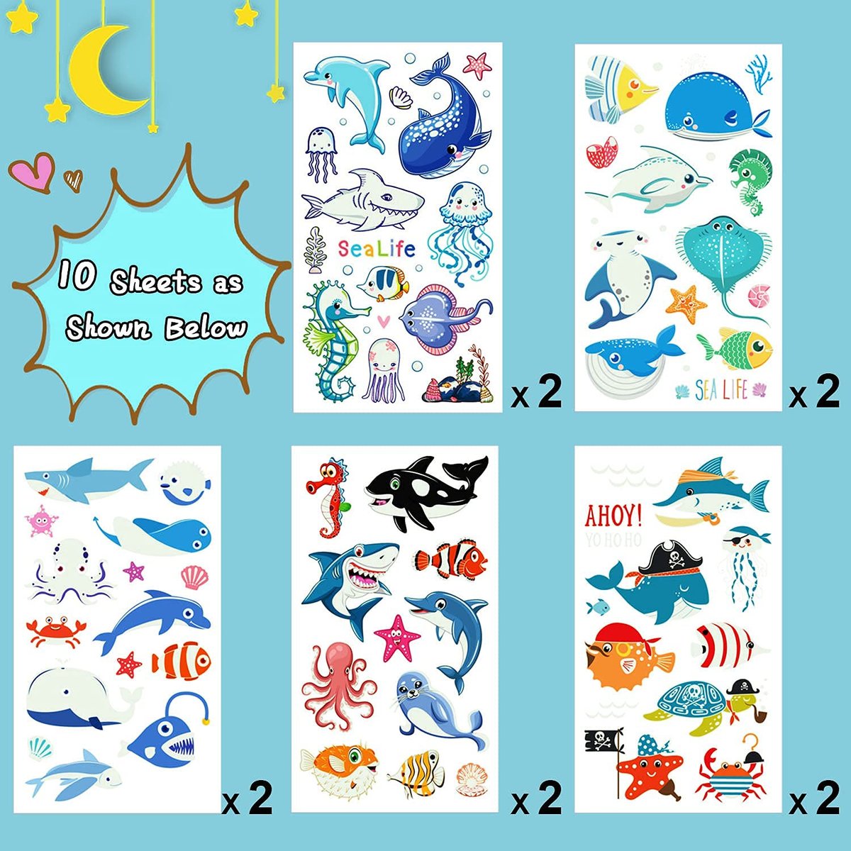 Partywind 130 Styles Luminous Shark Temporary Tattoos for Kids - Glow in the Dark Ocean Under Sea Fake Tattoo Stickers (10 Sheets) - görsel 3