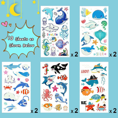 Partywind 130 Styles Luminous Shark Temporary Tattoos for Kids - Glow in the Dark Ocean Under Sea Fake Tattoo Stickers (10 Sheets)