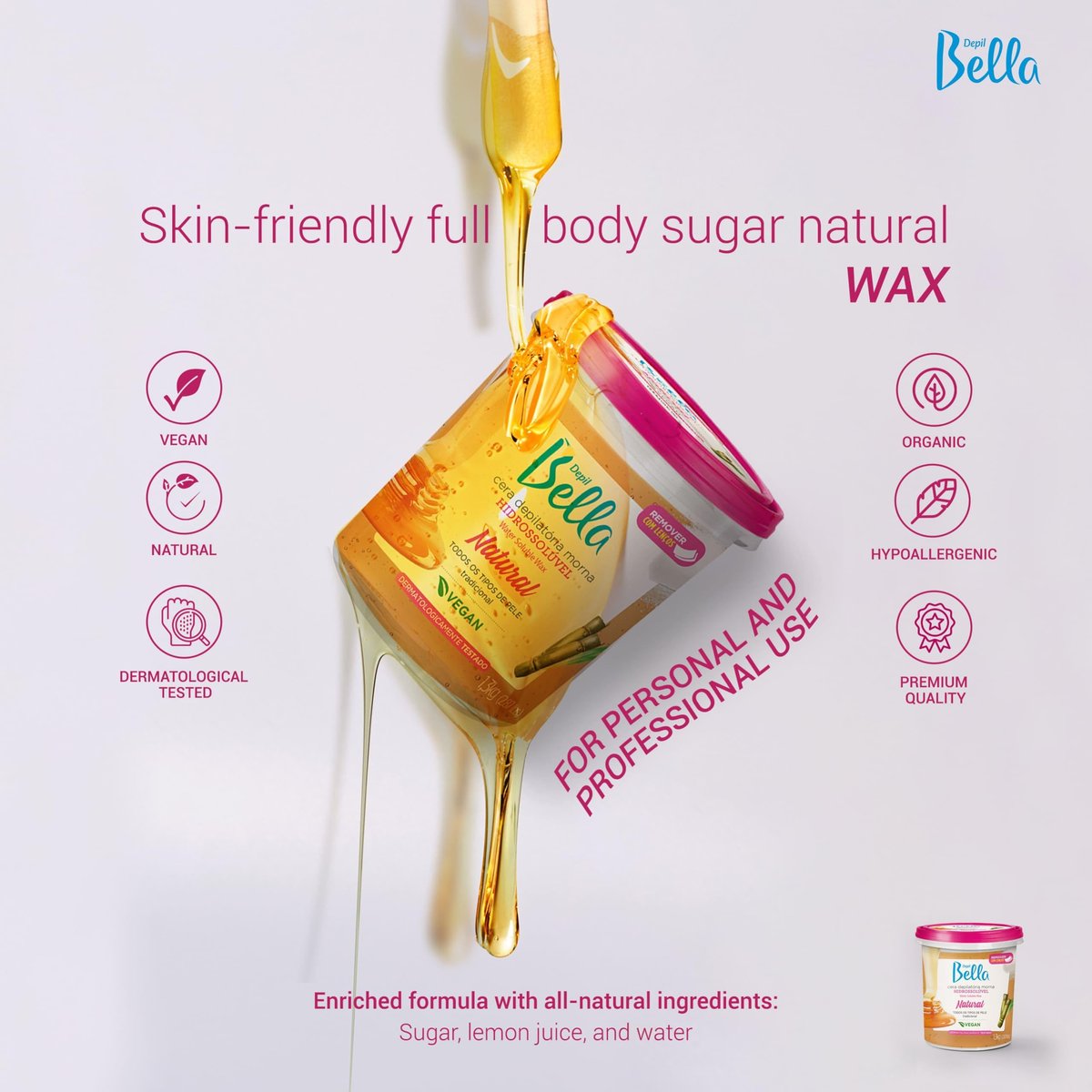 DEPIL BELLA Brazilian Sugar Wax – Organic, Natural, Vegan Hair Removal Wax for All Skin Types (2.87 lbs) Avelisse