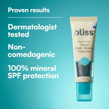 Bliss Block Star SPF 30 Daily Tinted Mineral Sunscreen with Zinc Oxide - All Skin Tones - 1.4 oz Avelisse