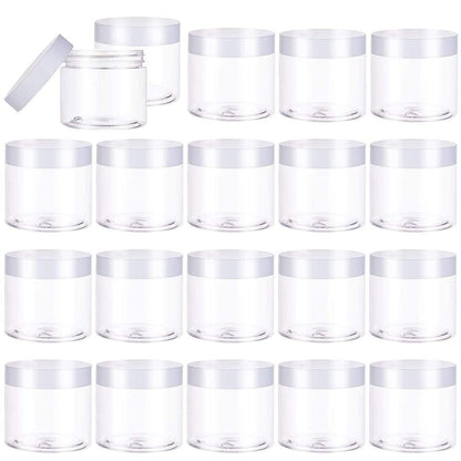 20 Pack 2oz Plastic Empty Jars with Lids - Wide Mouth Refillable Storage Containers for Cosmetics, Crafts, Candy, Beads, Slime Making, and Gifts (White)