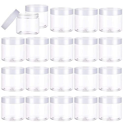 20 Pack 2oz Plastic Empty Jars with Lids - Wide Mouth Refillable Storage Containers for Cosmetics, Crafts, Candy, Beads, Slime Making, and Gifts (White)