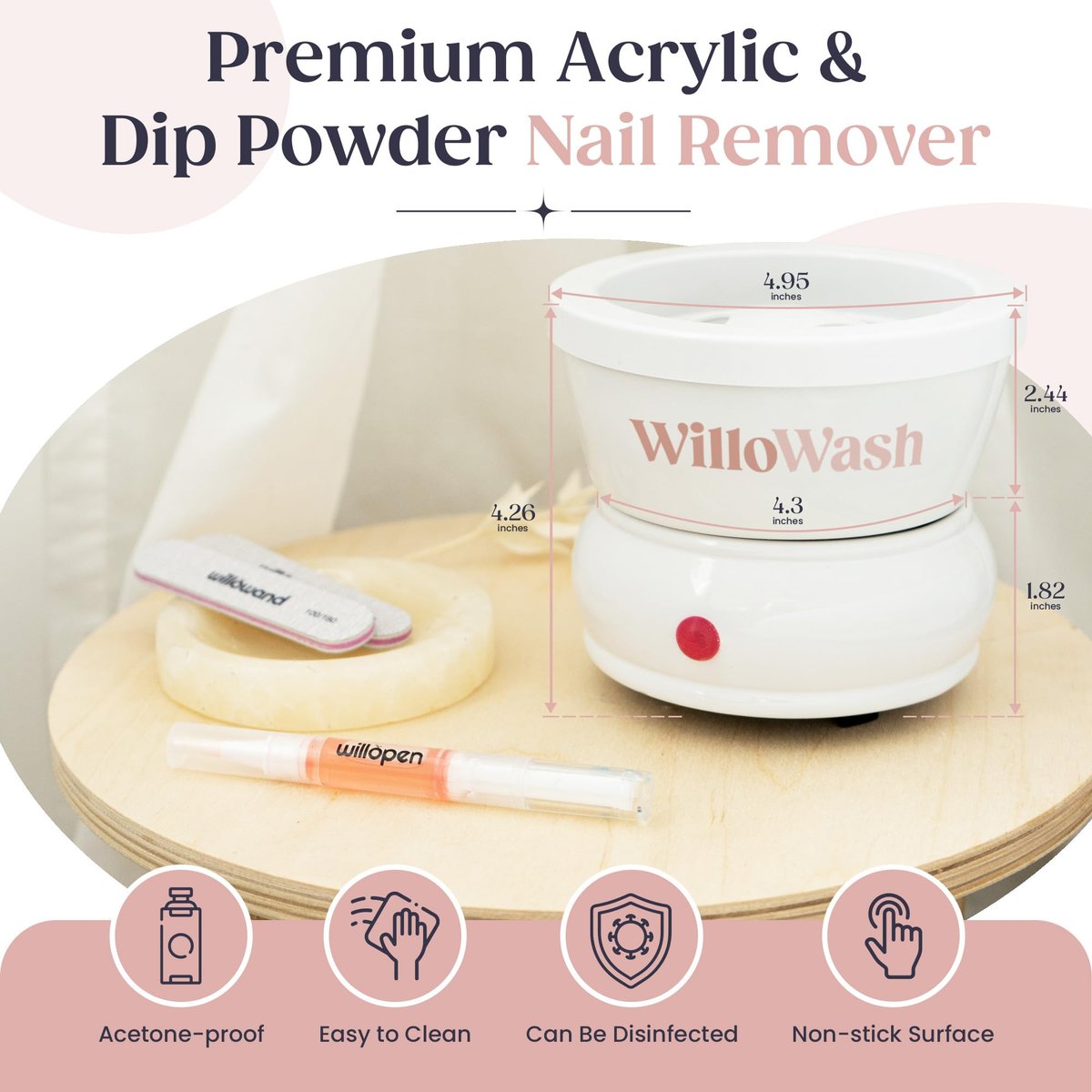 Willowash Electric Acetone Nail Remover Bowl – Heated Acrylic & Dip Powder Soak Off Kit, Fast Nail Removal Tool (Not for Gel Polish) Avelisse