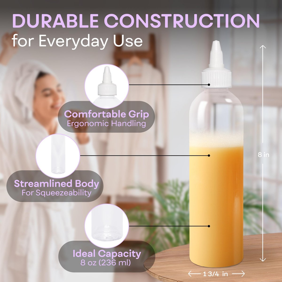 BRIGHTFROM Twist Top Applicator Bottles, 8 OZ Crystal Clear, Squeeze Empty Plastic Bottles, BPA-Free, PET, Refillable, Open/Close Nozzle - Multi Purpose (Pack of 3) - görsel 5