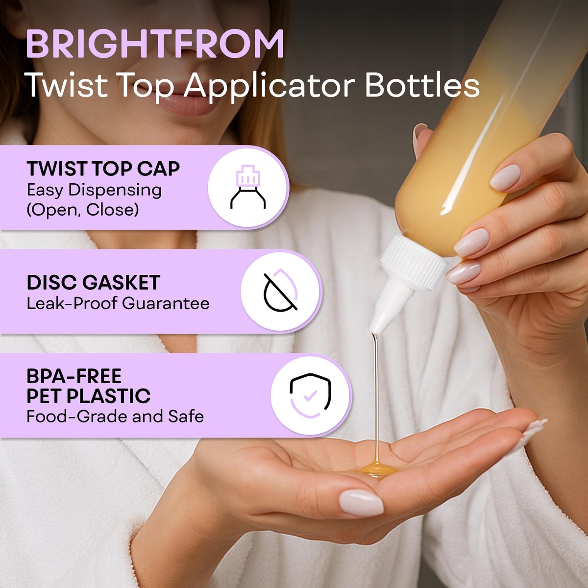 BRIGHTFROM Twist Top Applicator Bottles, 8 OZ Crystal Clear, Squeeze Empty Plastic Bottles, BPA-Free, PET, Refillable, Open/Close Nozzle - Multi Purpose (Pack of 3) - görsel 3