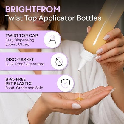 BRIGHTFROM Twist Top Applicator Bottles, 8 OZ Crystal Clear, Squeeze Empty Plastic Bottles, BPA-Free, PET, Refillable, Open/Close Nozzle - Multi Purpose (Pack of 3)